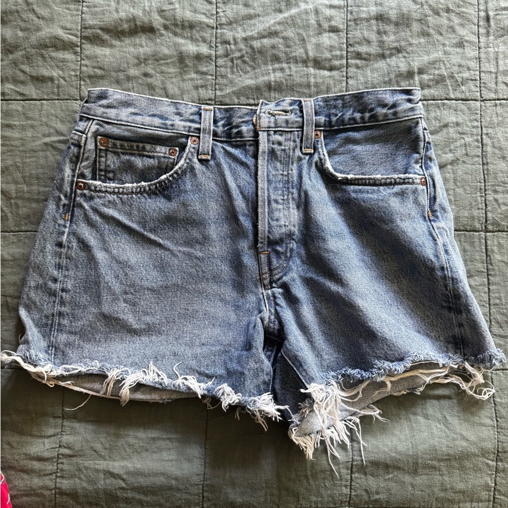 Agolde Parker Long Shorts in Skywave Medium Blue Wash Distressed Denim Shorts - Picture 9 of 12
